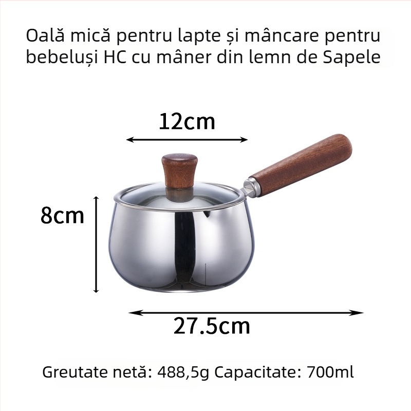 Hongjunda oală de lapte din oțel inoxidabil 304, cu mâner din lemn, pentru hrana bebelușului și supă, potrivită pentru toate plitele