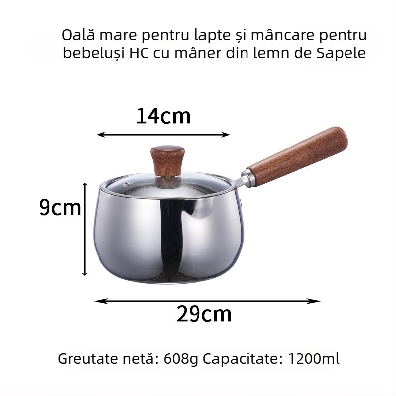 Hongjunda oală de lapte din oțel inoxidabil 304, cu mâner din lemn, pentru hrana bebelușului și supă, potrivită pentru toate plitele