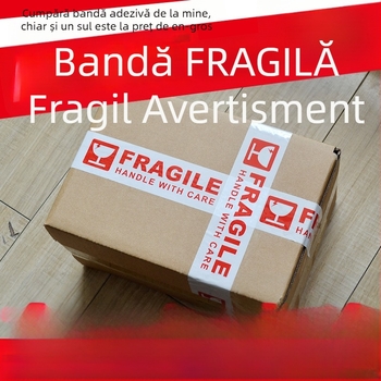 Bandă de ambalare fragilă cu avertisment roșu pe fond alb