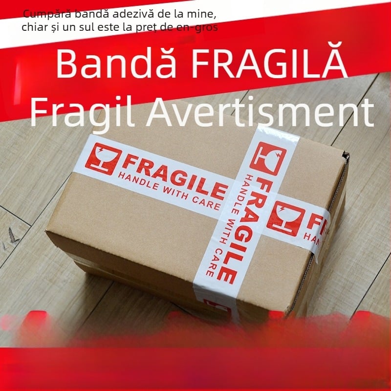 Bandă de ambalare fragilă cu avertisment roșu pe fond alb