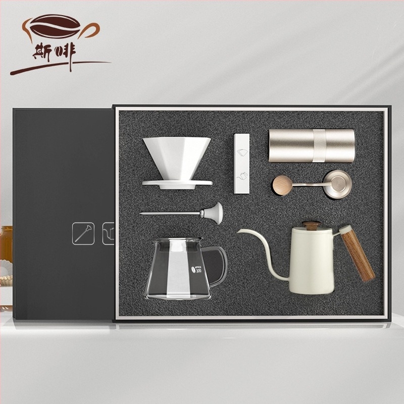 Set de râșniță manuală pentru cafea și fierbător pour-over, într-o cutie cadou
