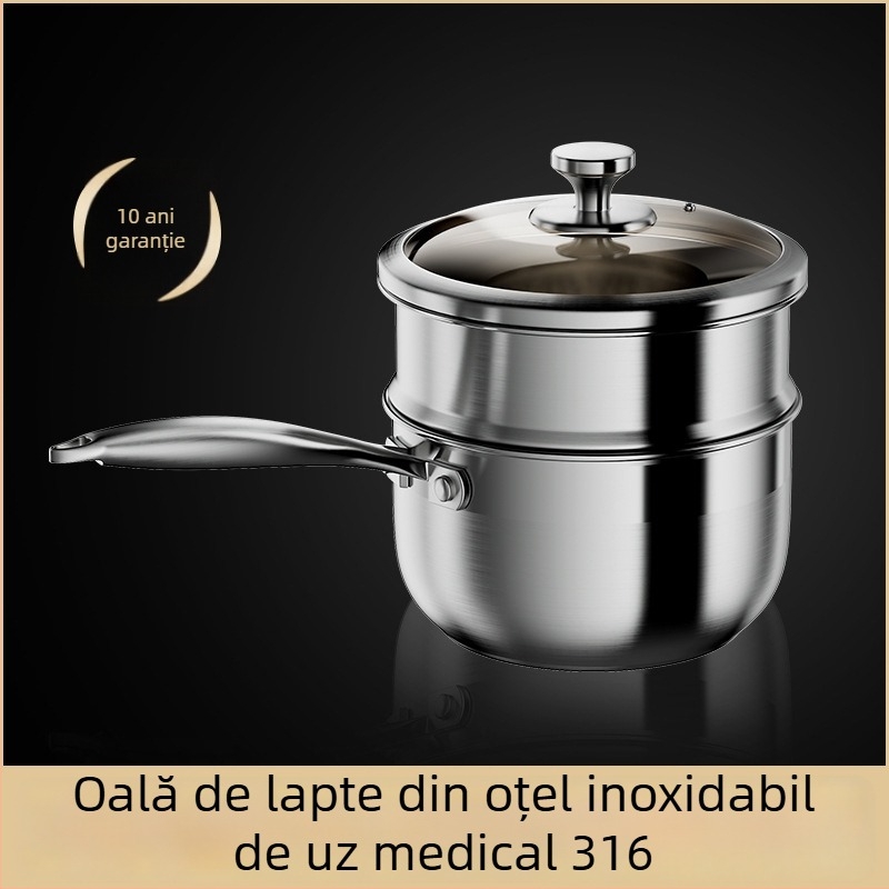 Oală mică din oțel inoxidabil pentru lapte, pentru hrana bebelușilor, de calitate alimentară, antiaderentă, capac din sticlă, pentru încălzirea laptelui, supe și tăiței acasă.