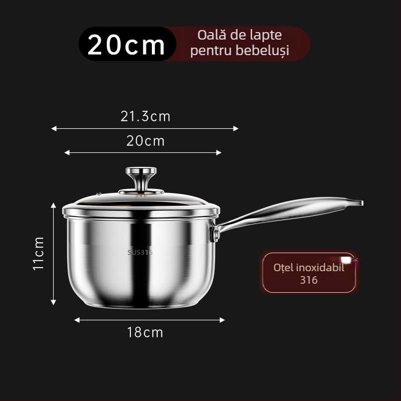 Oală mică din oțel inoxidabil pentru lapte, pentru hrana bebelușilor, de calitate alimentară, antiaderentă, capac din sticlă, pentru încălzirea laptelui, supe și tăiței acasă.