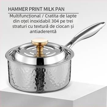 304 oțel inoxidabil, tigaie în stil japonez pentru lapte, supă, hot pot și tăiței, cu mâner unic, finisaj ciocănit pe trei straturi, netencuit