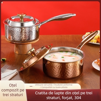 304 oțel inoxidabil, tigaie în stil japonez pentru lapte, supă, hot pot și tăiței, cu mâner unic, finisaj ciocănit pe trei straturi, netencuit