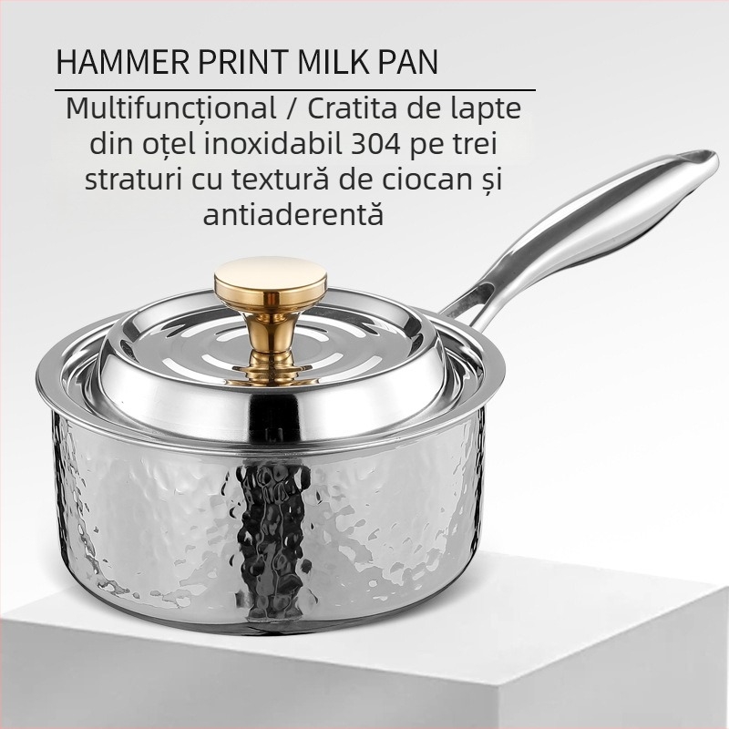 304 oțel inoxidabil, tigaie în stil japonez pentru lapte, supă, hot pot și tăiței, cu mâner unic, finisaj ciocănit pe trei straturi, netencuit