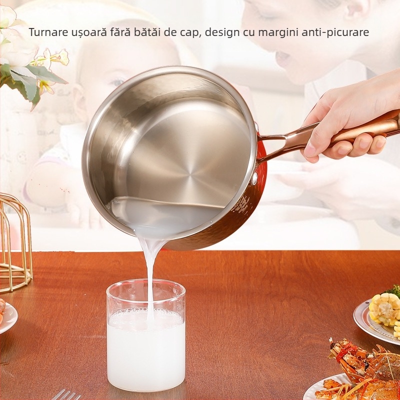 304 oțel inoxidabil, tigaie în stil japonez pentru lapte, supă, hot pot și tăiței, cu mâner unic, finisaj ciocănit pe trei straturi, netencuit