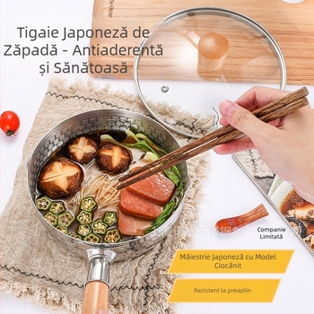 Oală din oțel inoxidabil, antiaderentă, cu mâner din lemn, stil japonez, oală multivalență pentru supe, lapte și tăiței, cu fund gros