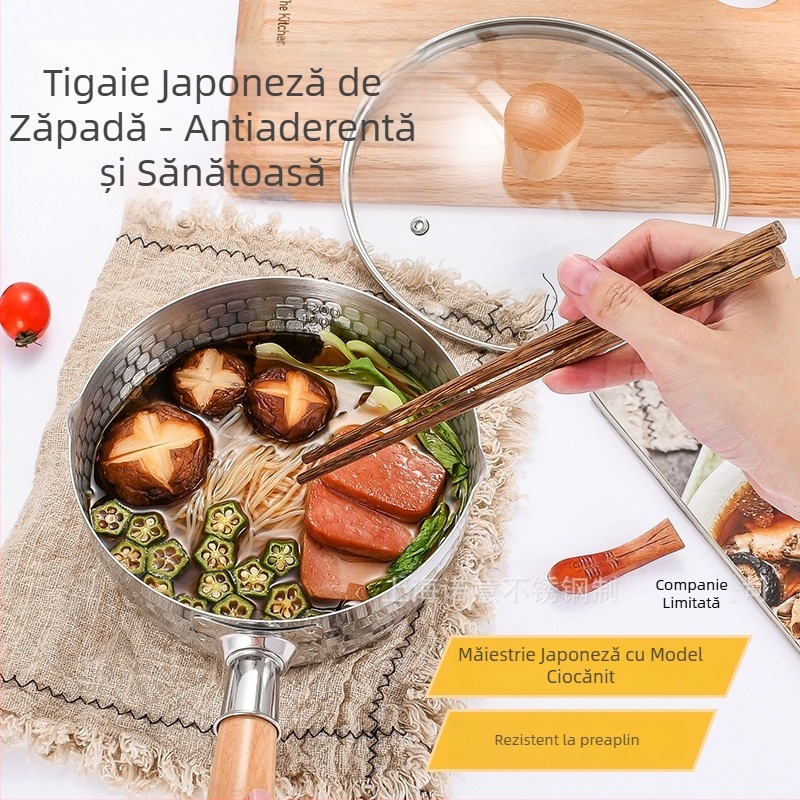 Oală din oțel inoxidabil, antiaderentă, cu mâner din lemn, stil japonez, oală multivalență pentru supe, lapte și tăiței, cu fund gros