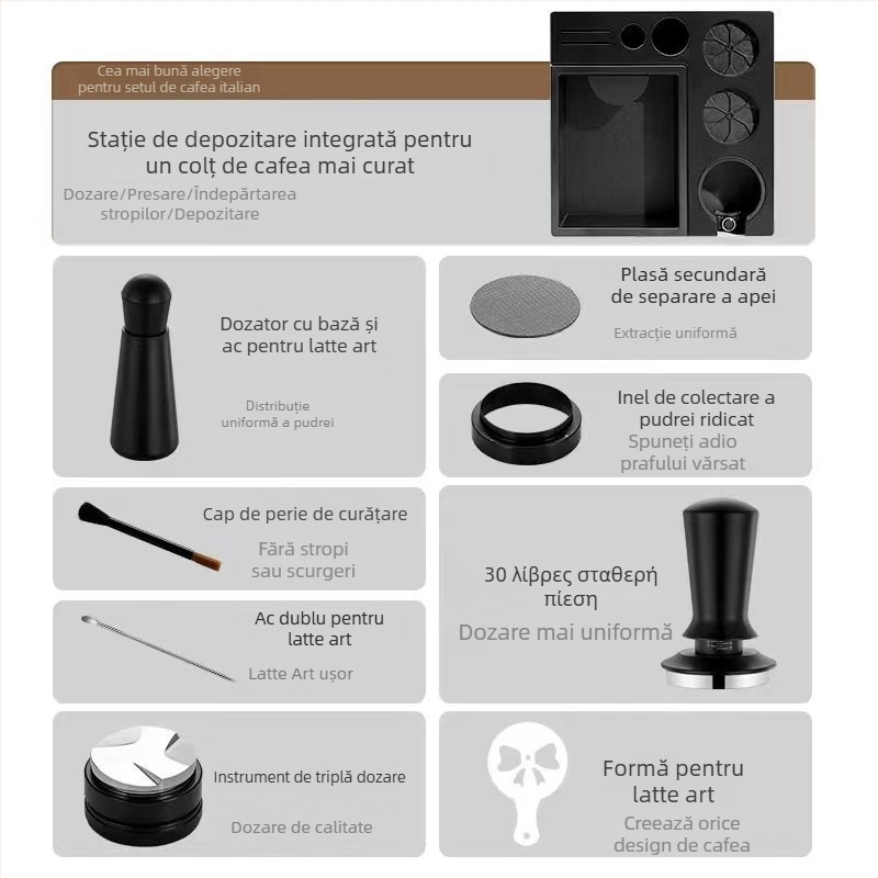 Set multifuncțional de cafea în stil italian: knock box și tamper, cu distribuție a pulberii și unealtă de tamping