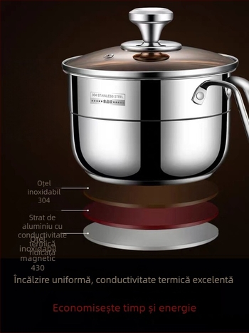 Oală pentru lapte din oțel inoxidabil 304, cu fund dublu – vas multifuncțional pentru aburi, fund gros și adânc, capac din sticlă maro, pentru gătit la aburi, supă și tăiței instant