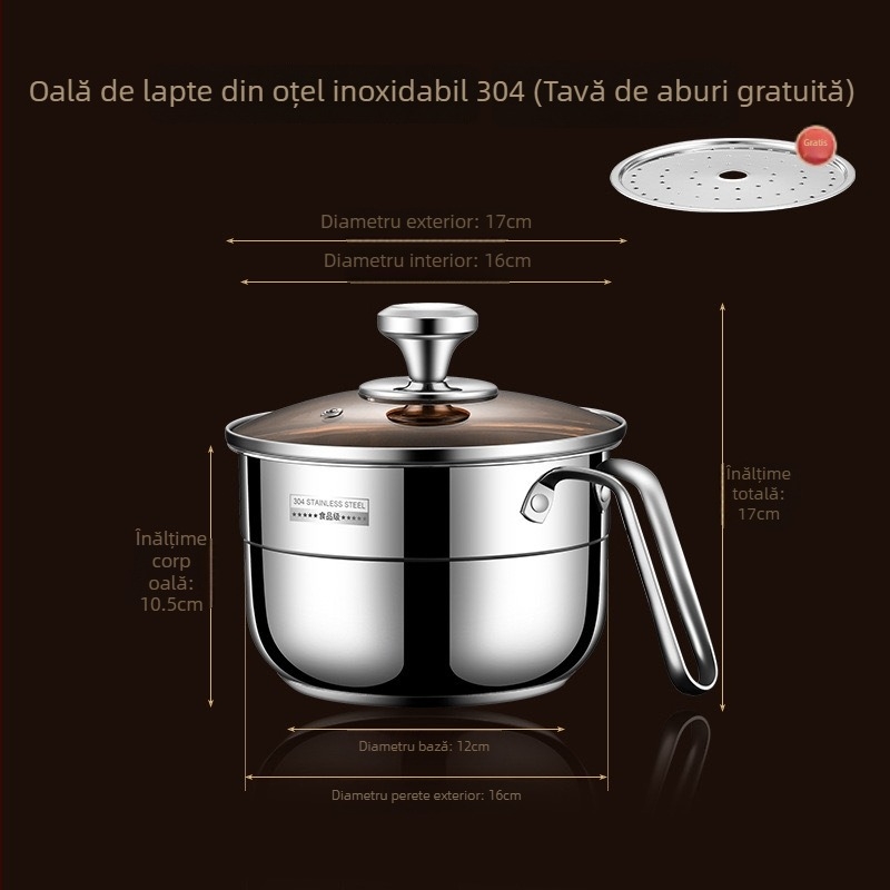 Oală pentru lapte din oțel inoxidabil 304, cu fund dublu – vas multifuncțional pentru aburi, fund gros și adânc, capac din sticlă maro, pentru gătit la aburi, supă și tăiței instant