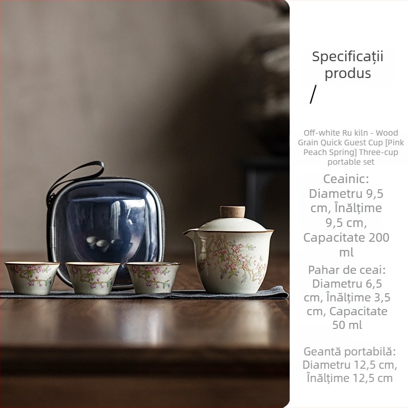 Set Gongfu de ceai ceramic pentru călătorii cu trei cești, bej Ru kiln, portabil, stil primăvară piersică roz
