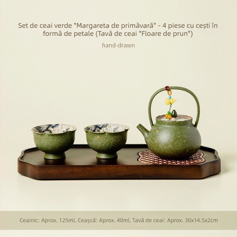 Set Gongfu de ceai în stil chinezesc, cu motiv de margarete verzi și portocale de primăvară, ceainic ceramic de înaltă calitate cu mâner, două cești și farfurioară de ceai din porțelan