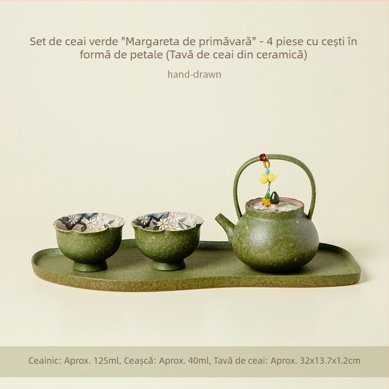 Set Gongfu de ceai în stil chinezesc, cu motiv de margarete verzi și portocale de primăvară, ceainic ceramic de înaltă calitate cu mâner, două cești și farfurioară de ceai din porțelan