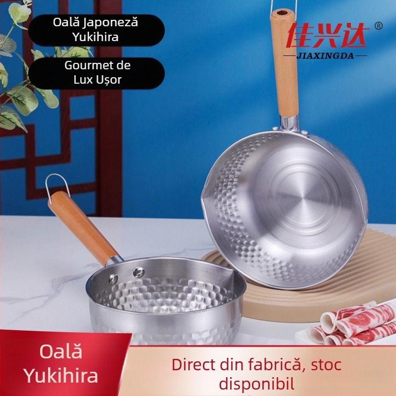 Oală din oțel inoxidabil, stil japonez, oală mică pentru supă, mâner din lemn gros, fund plat, potrivită pentru supe și tăiței