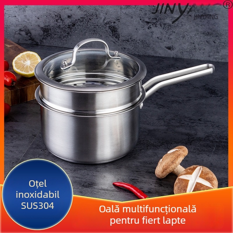 Oală pentru lapte din oțel inoxidabil 304, fund dublu în stil coreean, mâner unic, antiaderent, capac de sticlă, vas de aburi cu două niveluri