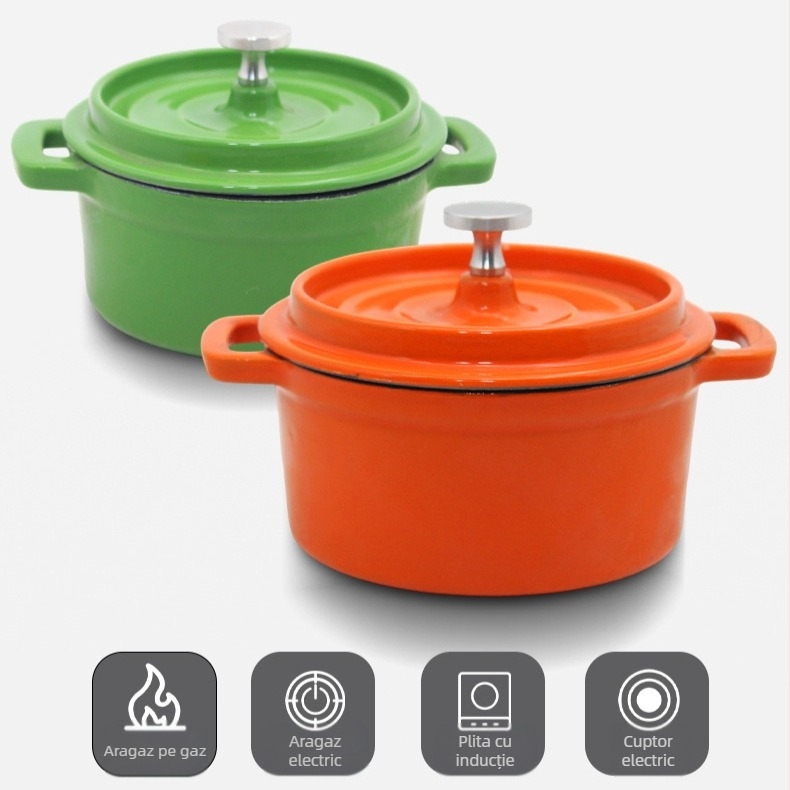 Oală de gătit din fontă emailată, neacoperită, oală mini pentru supă (10 cm, 1,1–2 L)