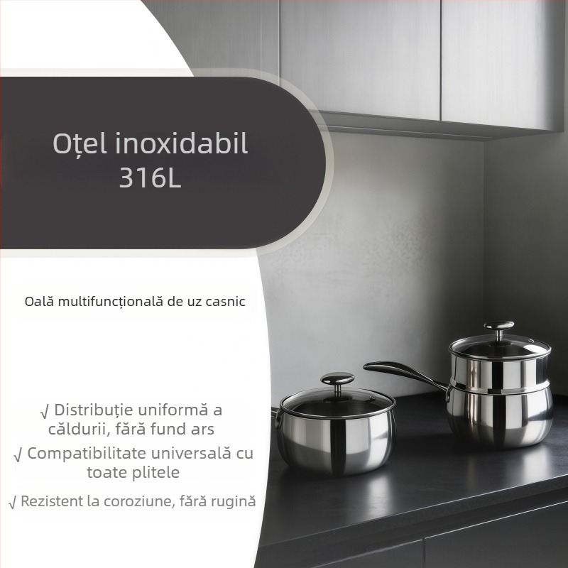 Oală mică din oțel inoxidabil 316L, stil european, lux ușor, fără strat, oală pentru tăiței cu capac, fund compozit, compatibilă cu toate plitele
