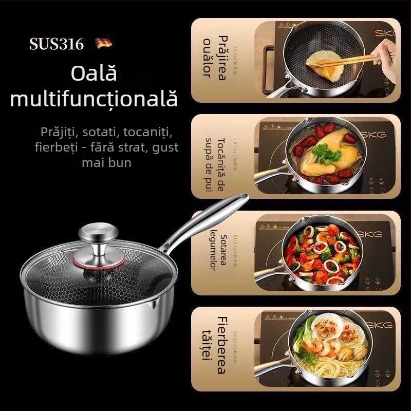 Oală de lapte din oțel inoxidabil 316, gros, cu strat antiaderent, pentru hrana de bebeluți și uz zilnic; potrivită pentru gătit la abur, fierbere și prăjire