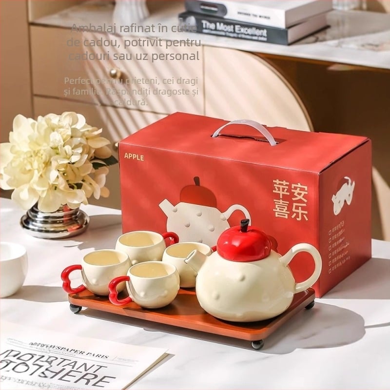 Set de ceai din ceramică cu ceainic și cești, premium pentru uz casnic, 4 persoane, finisaj sub glazură, include accesorii de ceai și tavă, ambalaj cadou pentru casă nouă sau nuntă