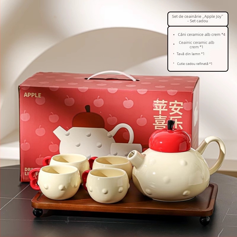 Set de ceai din ceramică cu ceainic și cești, premium pentru uz casnic, 4 persoane, finisaj sub glazură, include accesorii de ceai și tavă, ambalaj cadou pentru casă nouă sau nuntă
