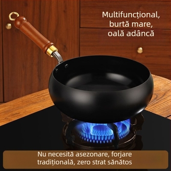 Wok mare din fontă pentru bucătărie, adânc, antiaderent, stil chinezesc tradițional