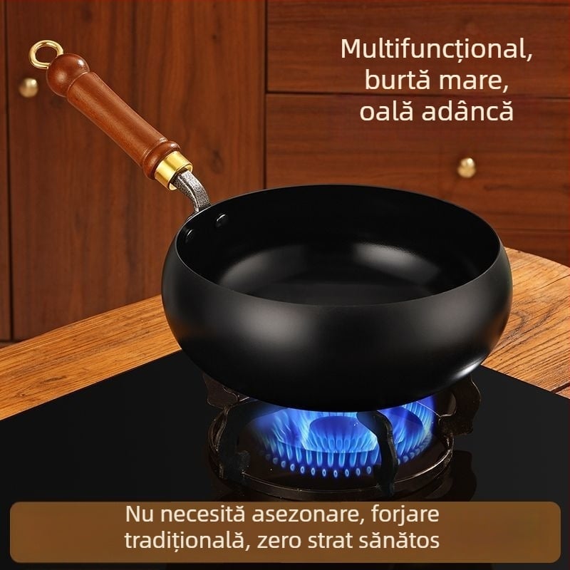 Wok mare din fontă pentru bucătărie, adânc, antiaderent, stil chinezesc tradițional