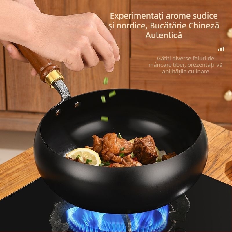 Wok mare din fontă pentru bucătărie, adânc, antiaderent, stil chinezesc tradițional