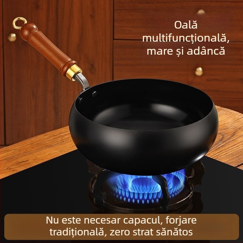Wok mare din fontă pentru bucătărie, adânc, antiaderent, stil chinezesc tradițional