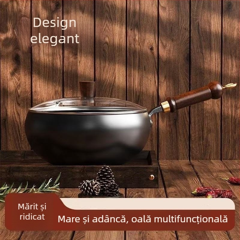 Wok mare din fontă pentru bucătărie, adânc, antiaderent, stil chinezesc tradițional