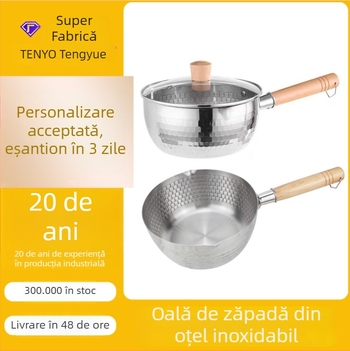 Oală Yukihira din oțel inoxidabil 304, cu model ciocănit, netratată, capac din sticlă, oală multifuncțională pentru lapte, tăiței și hrănirea bebelușilor, personalizabil