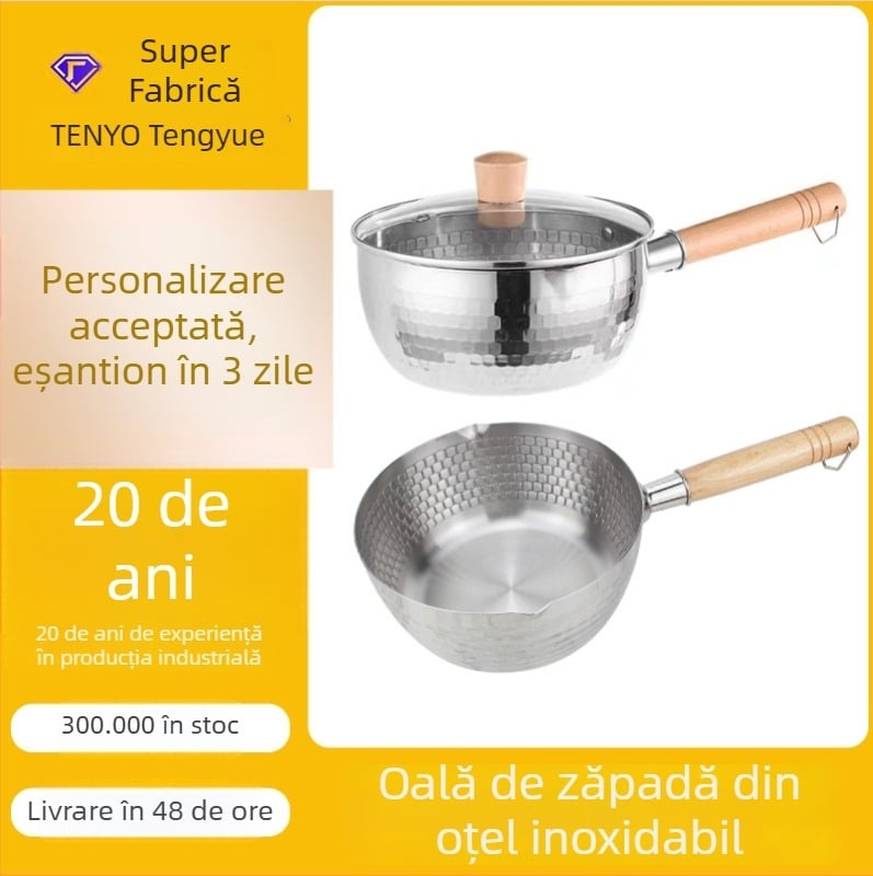 Oală Yukihira din oțel inoxidabil 304, cu model ciocănit, netratată, capac din sticlă, oală multifuncțională pentru lapte, tăiței și hrănirea bebelușilor, personalizabil