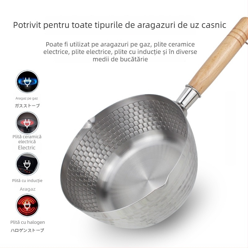 Oală Yukihira din oțel inoxidabil 304, cu model ciocănit, netratată, capac din sticlă, oală multifuncțională pentru lapte, tăiței și hrănirea bebelușilor, personalizabil