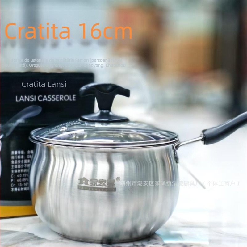 Oală pentru supă din oțel inoxidabil 304, cu două mâneri și capac, potrivită pentru uz casnic, compatibilă cu plitele cu inducție; oală pentru lapte, pentru mâncare de bebeluși și pentru aburi.