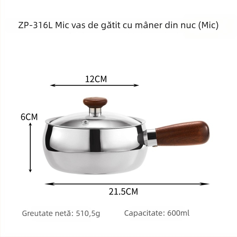 Oală de lapte din oțel inoxidabil 304, mâner din lemn, vas mic pentru supe și hrană pentru bebeluți, încălzește laptele