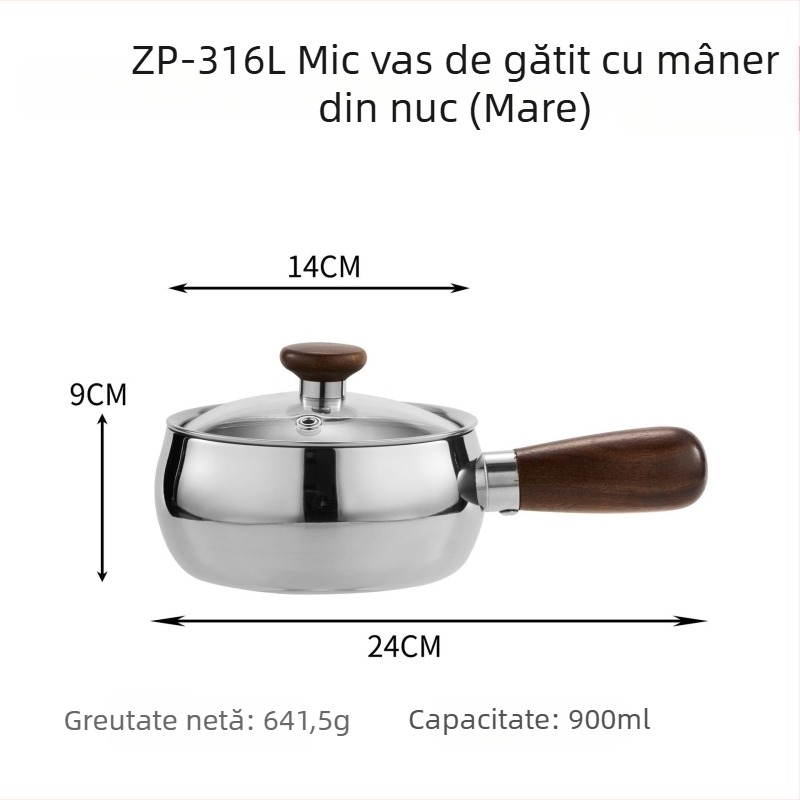 Oală de lapte din oțel inoxidabil 304, mâner din lemn, vas mic pentru supe și hrană pentru bebeluți, încălzește laptele