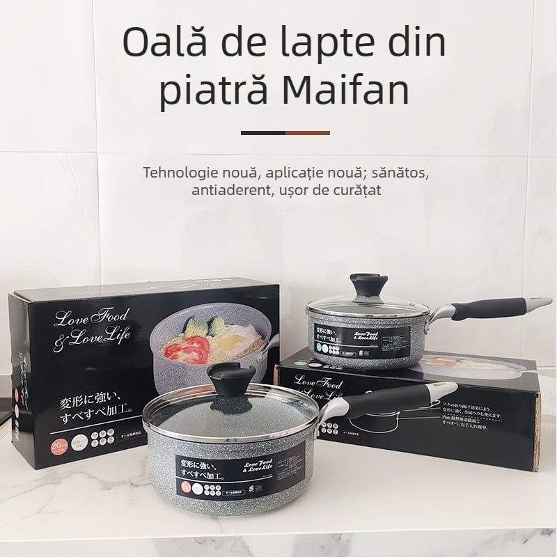 Oală de lapte cu piatră Maifan, cutie color, oală de supă cu mâner unic, neaderentă din aliaj de aluminiu, dublu fund, îngroșată, oală pentru tăiței și supă, diametru 18/20 cm