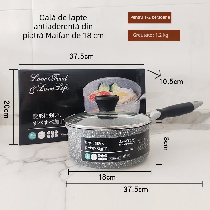 Oală de lapte cu piatră Maifan, cutie color, oală de supă cu mâner unic, neaderentă din aliaj de aluminiu, dublu fund, îngroșată, oală pentru tăiței și supă, diametru 18/20 cm