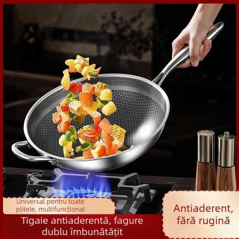 Tigaie din oțel inoxidabil 304, cu bază dublă și model fagure de miere, fără strat, antiaderent, pentru uz casnic, 32 cm, compatibil cu plită pe gaz și inducție