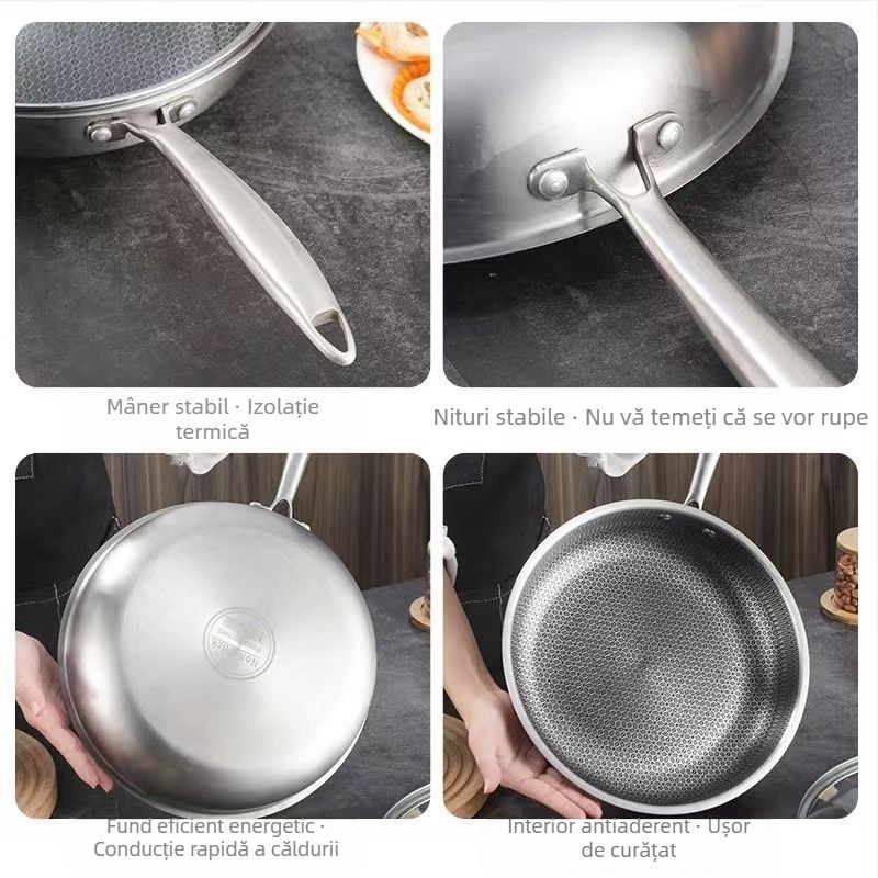 Tigaie din oțel inoxidabil 304, cu bază dublă și model fagure de miere, fără strat, antiaderent, pentru uz casnic, 32 cm, compatibil cu plită pe gaz și inducție
