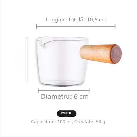 Ceașcă mică de lapte din sticlă cu mâner lateral din lemn, borosilikat de înaltă rezistență, potrivită pentru cafea și sosuri