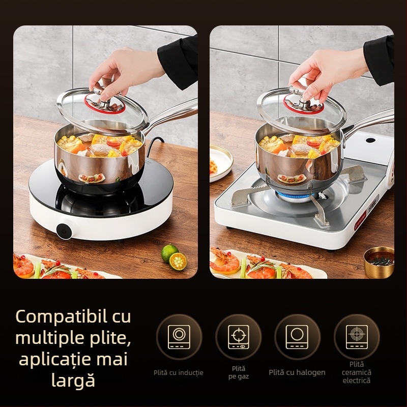 Oală pentru lapte din oțel inoxidabil 304, utilizare casnică, construcție cu cinci straturi, oală multifuncțională de supă cu mâner unic, potrivită pentru hrana bebelușilor