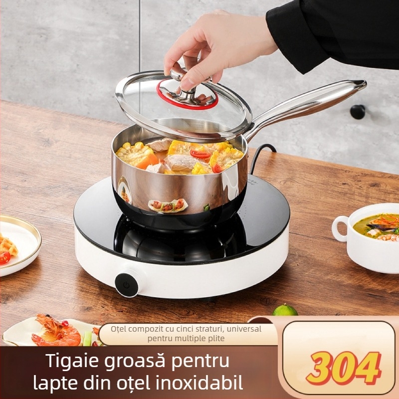 Oală pentru lapte din oțel inoxidabil 304, utilizare casnică, construcție cu cinci straturi, oală multifuncțională de supă cu mâner unic, potrivită pentru hrana bebelușilor