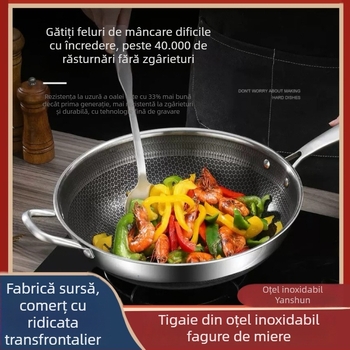 Wok din oțel inoxidabil gros cu fund fagure, antiaderent, compatibil cu inducția, multifuncțional