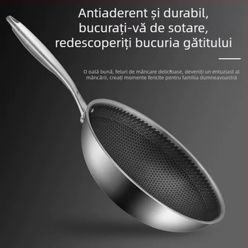 Wok din oțel inoxidabil gros cu fund fagure, antiaderent, compatibil cu inducția, multifuncțional