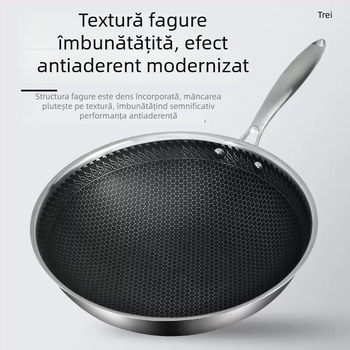 Wok din oțel inoxidabil gros cu fund fagure, antiaderent, compatibil cu inducția, multifuncțional