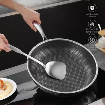Wok din oțel inoxidabil gros cu fund fagure, antiaderent, compatibil cu inducția, multifuncțional