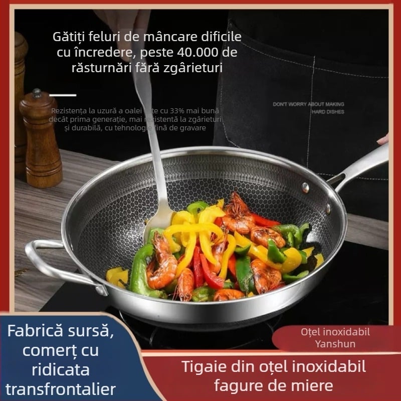 Wok din oțel inoxidabil gros cu fund fagure, antiaderent, compatibil cu inducția, multifuncțional