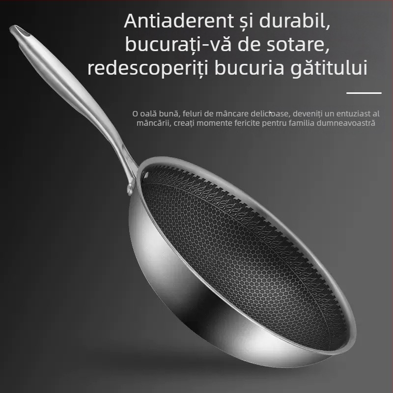 Wok din oțel inoxidabil gros cu fund fagure, antiaderent, compatibil cu inducția, multifuncțional
